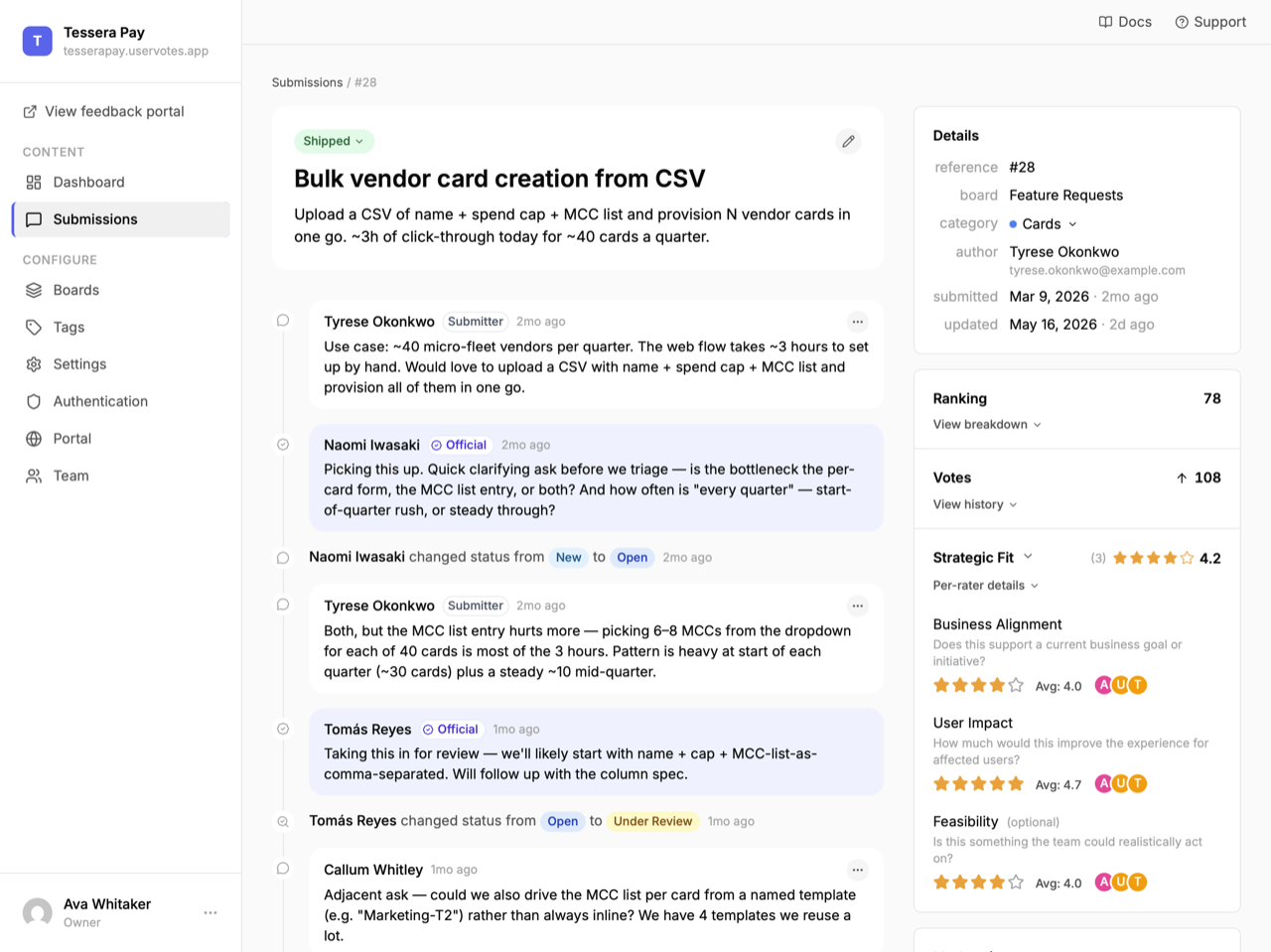 Screenshot — internal priority view showing upvotes, strategic-fit inputs, combined ranking, and team rationale