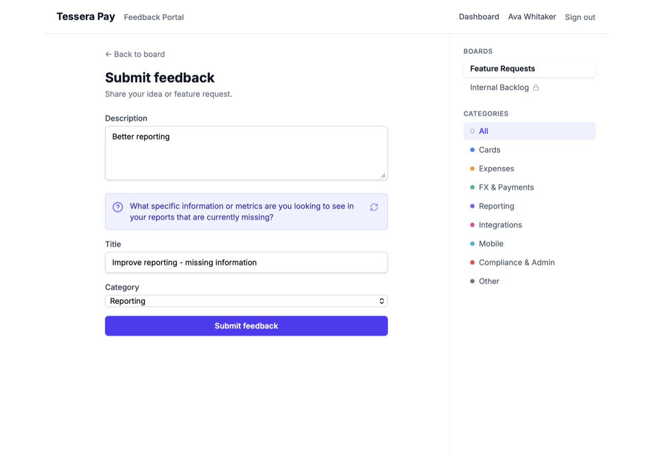 Screenshot — intake flow with AI-guided follow-up, similar-feedback suggestions, and a before/after clarification example