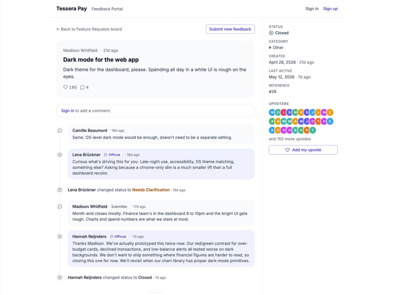 Screenshot — submission detail with status, team response, contributor comments, and related internal rationale