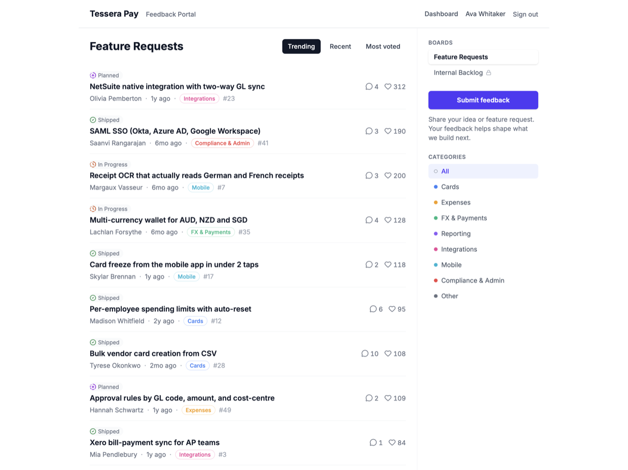 Screenshot — customer-facing portal with multiple boards, visible submissions, upvote counts, categories, and statuses